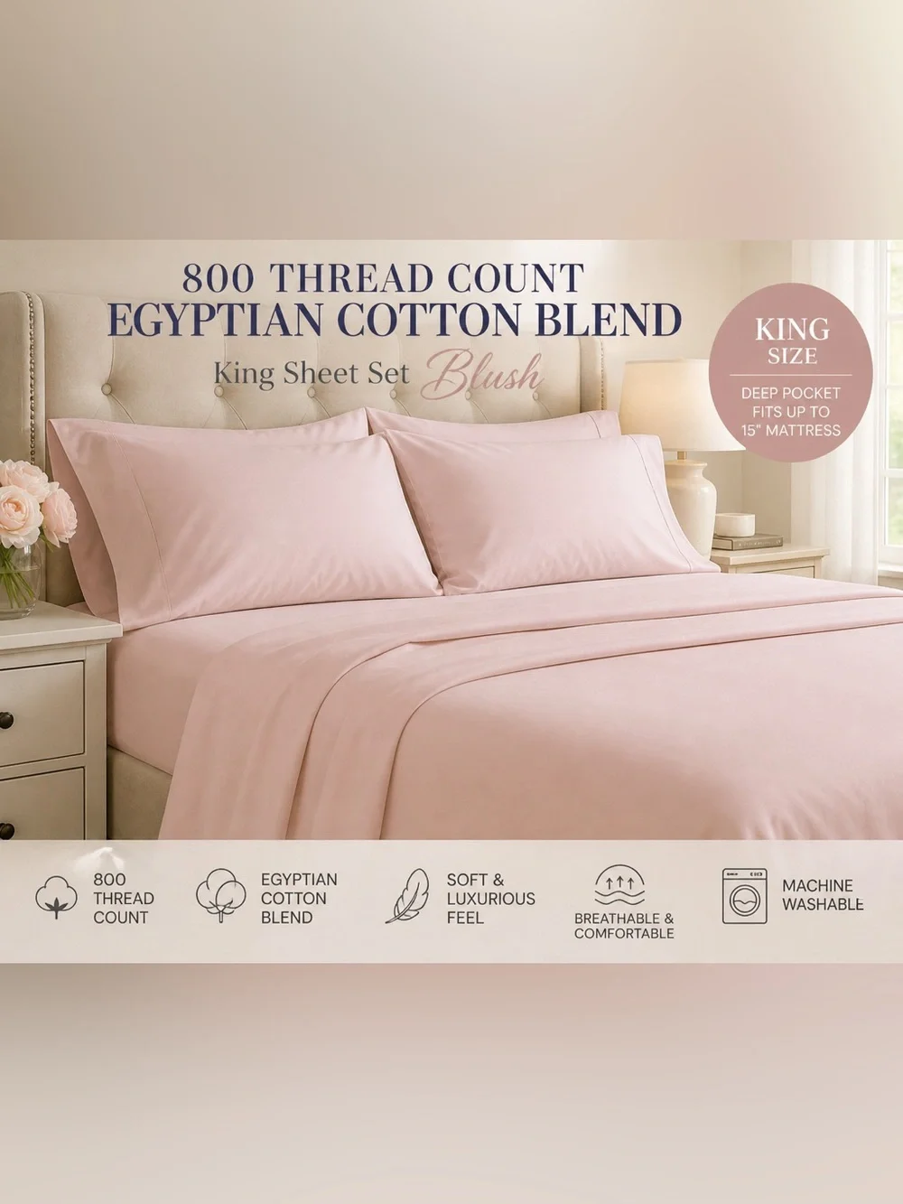 Blush Pink King Sheet Set 800TC Egyptian Cotton Blend Soft Deep Pocket